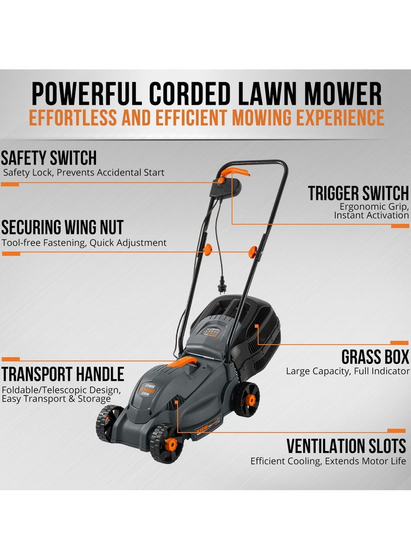 كسيبي جزازة العشب الكهربائية، جزازة العشب 1200 وات للساحات الصغيرة، جزازة العشب المدمجة وخفيفة الوزن، مقبض قابل للطي، ارتفاع القطع قابل للتعديل، جزازات العشب ذات الدفع السلكي لساحة الحديقة. - Image 2